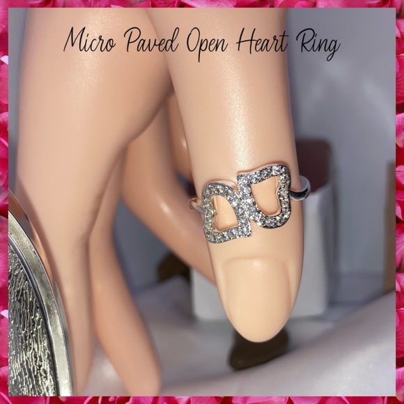 Micro Paved Double Open Heart 925 Silver Band Ring - Picture 1 of 6